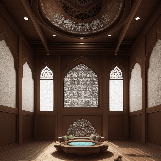 AI generated: High-resolution photography interior design, dreamy sunken living room conversation pit, wooden floo...