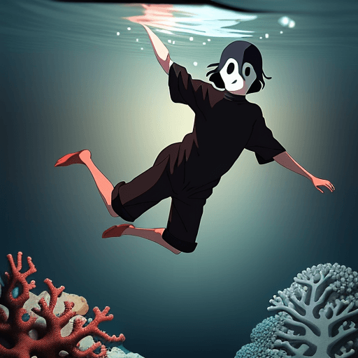 AI generated: make a picture of a young man falling inside the sea, no face elements. Background with lights and c...