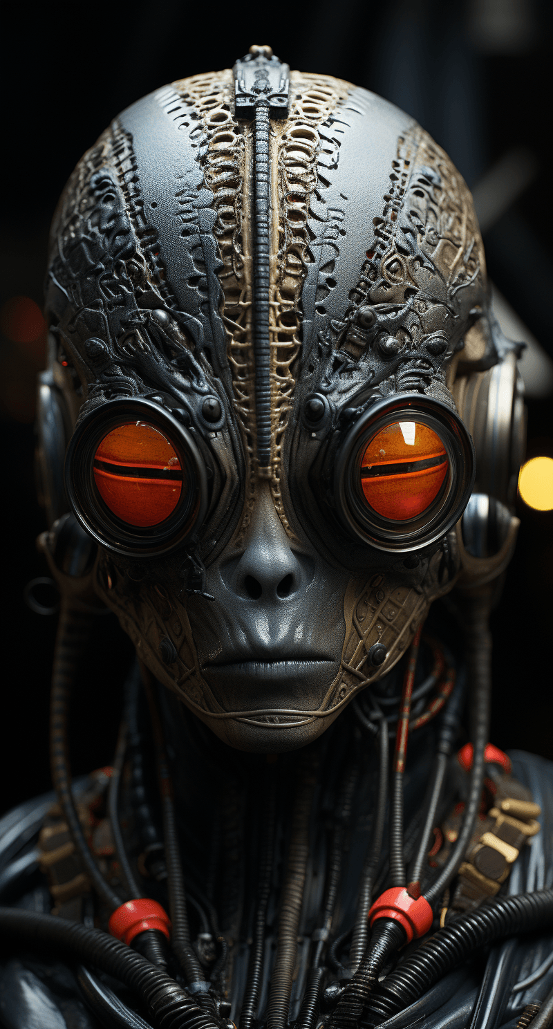AI generated: alien head with wires that look like eyeglasses, in the style of realistic hyper-detailed rendering,...