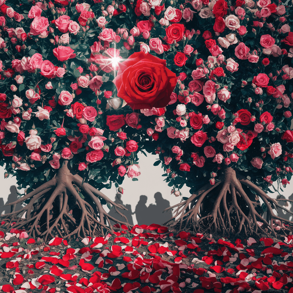 AI generated: A red rose shines in front of an immense rose bush that creates a surreal wall of roses of the most ...