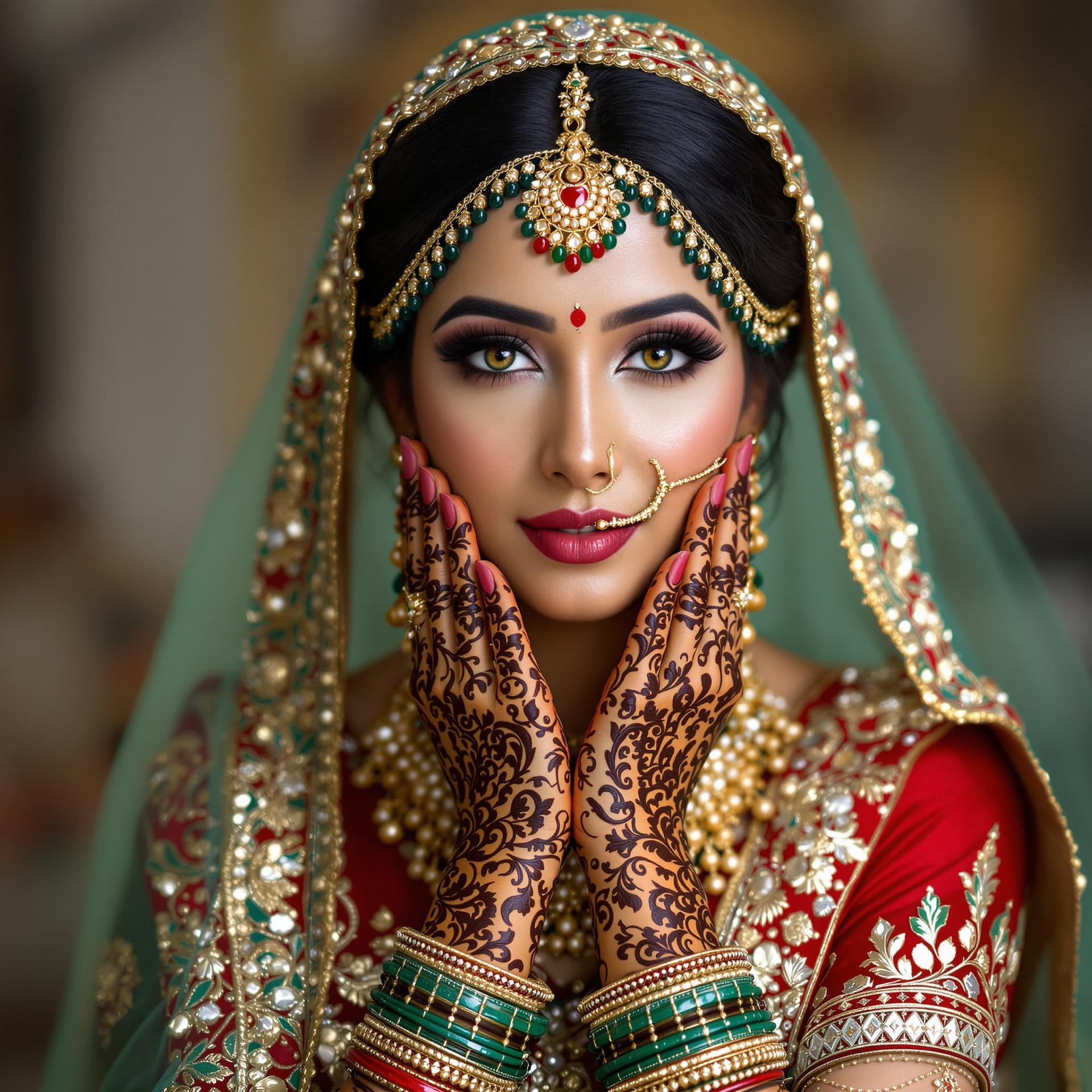 AI generated: a beautiful Indian bride in traditional wear with henna covering her hands,bride similar to actress ...