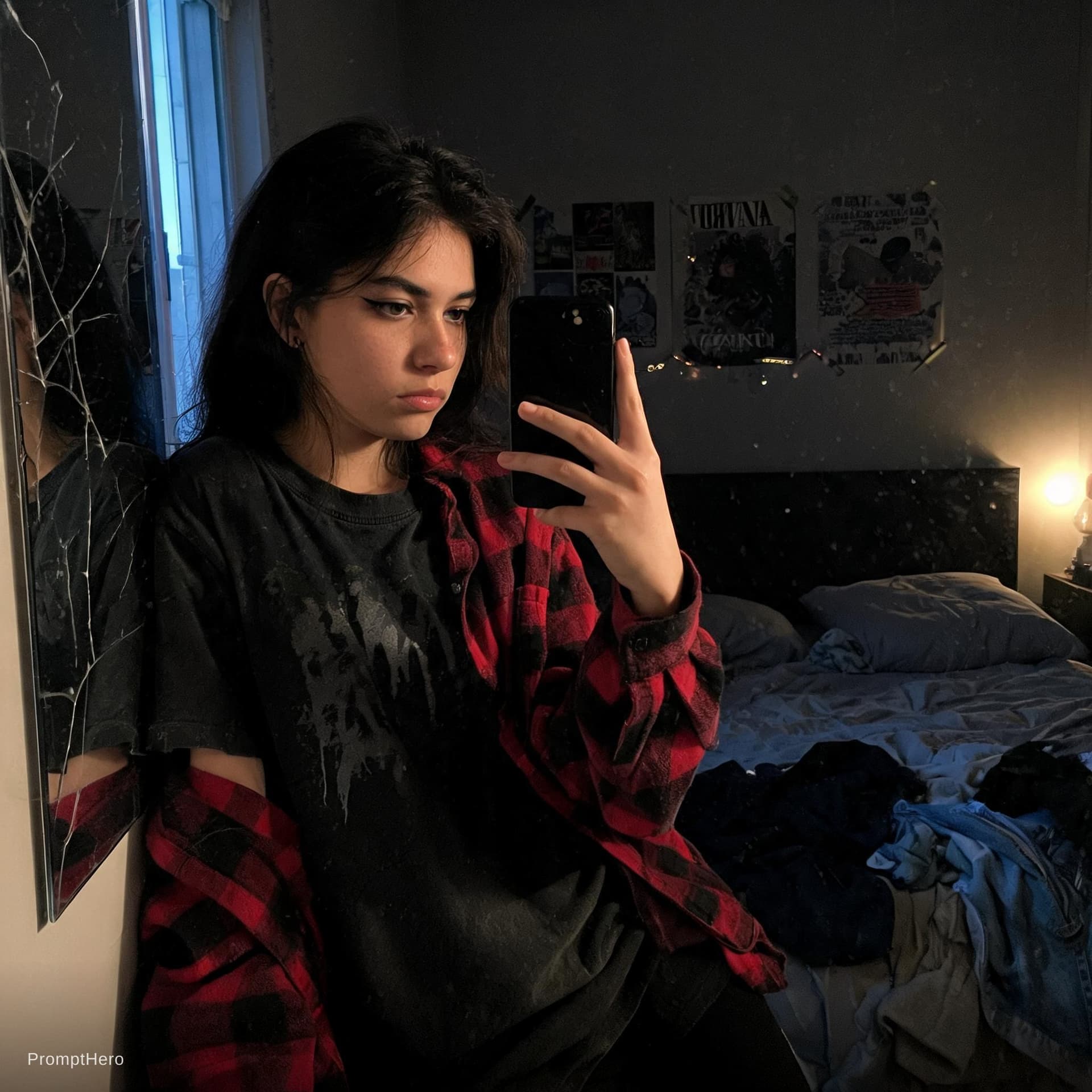 AI generated: Ultra-realistic photo of Yara captured late at night in her bedroom, leaning against a slightly crac...