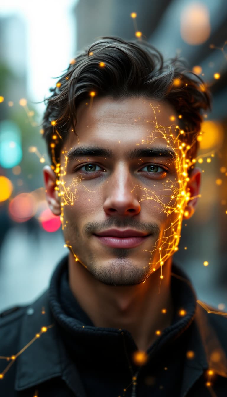 AI generated: 
We see a man's face and shoulders, facing us, he is 24 years old. A hyperrealistic white man. He is...