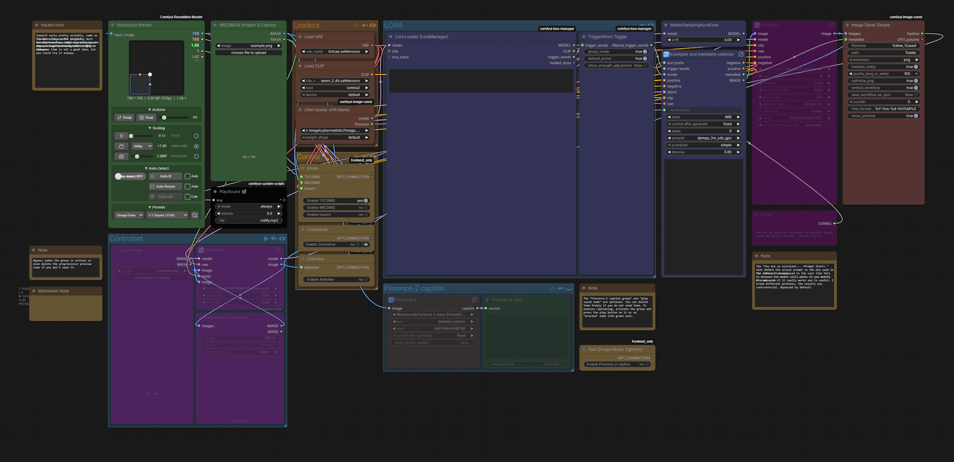 Z-image turbo TXT2IMG, IMG2IMG, inpaint, controlnet, lora manager, caption, adetailer, SeedVR2.