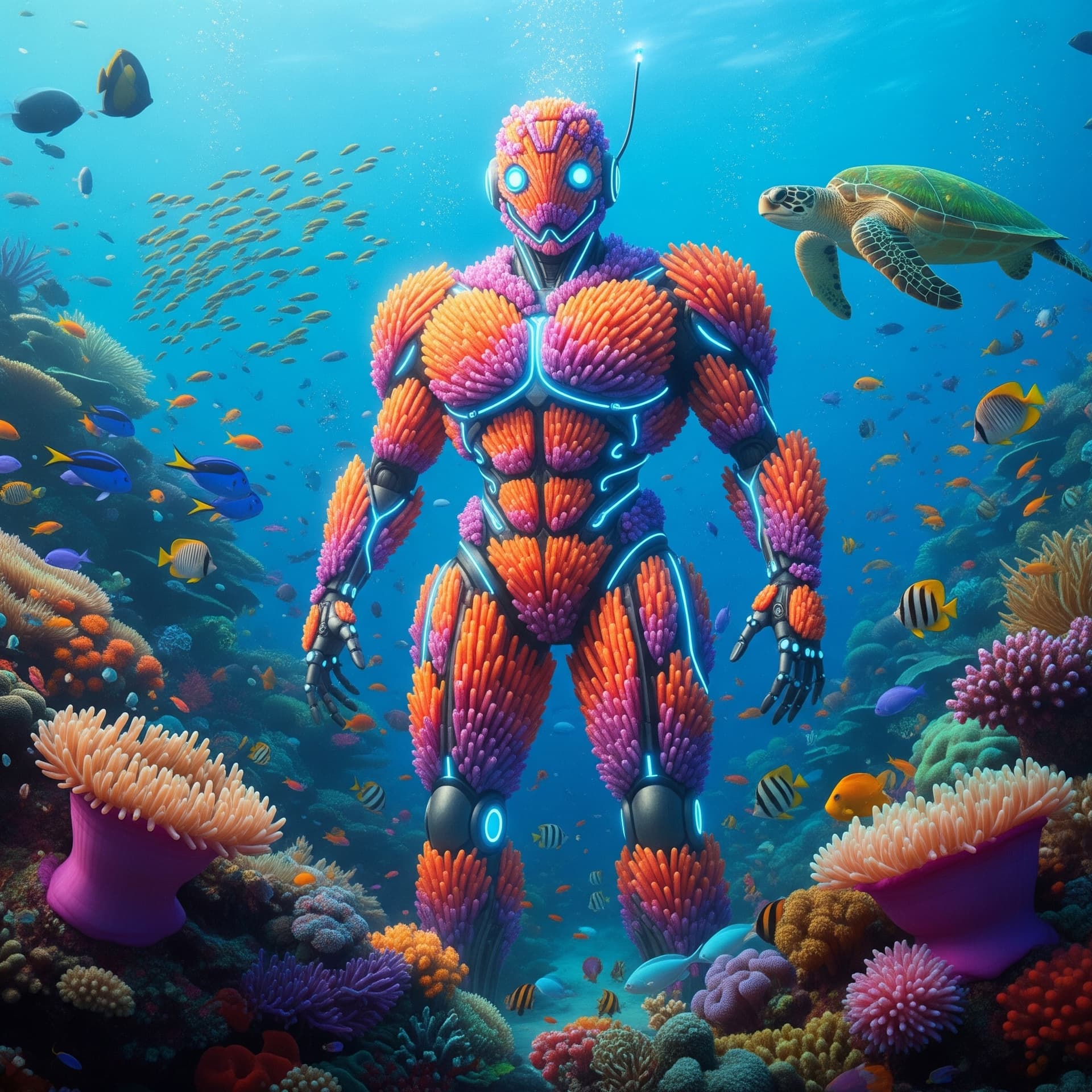 AI generated: A vibrant, colorful cyborg made of coral, reminiscent of a coral reef scene in a movie. The cyborg i...