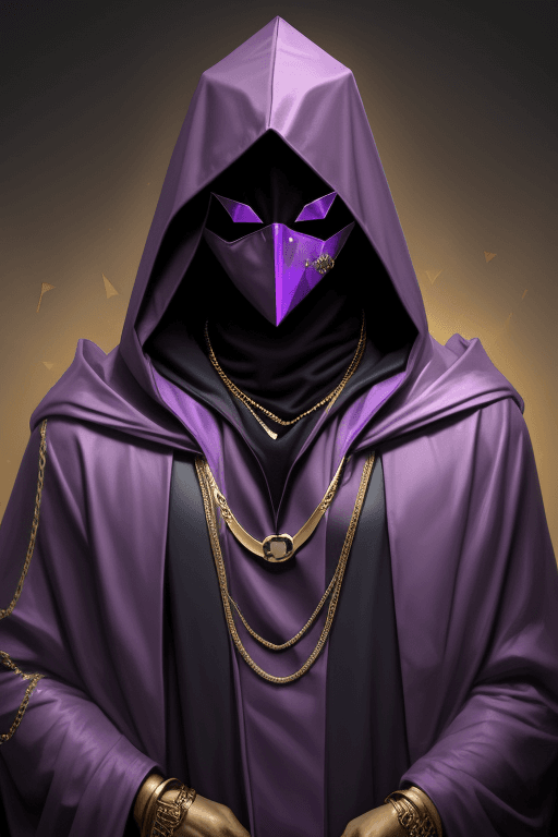 AI generated: Man in purple cloak hood, triangle mask, gold chains and jewellery. Invisible face