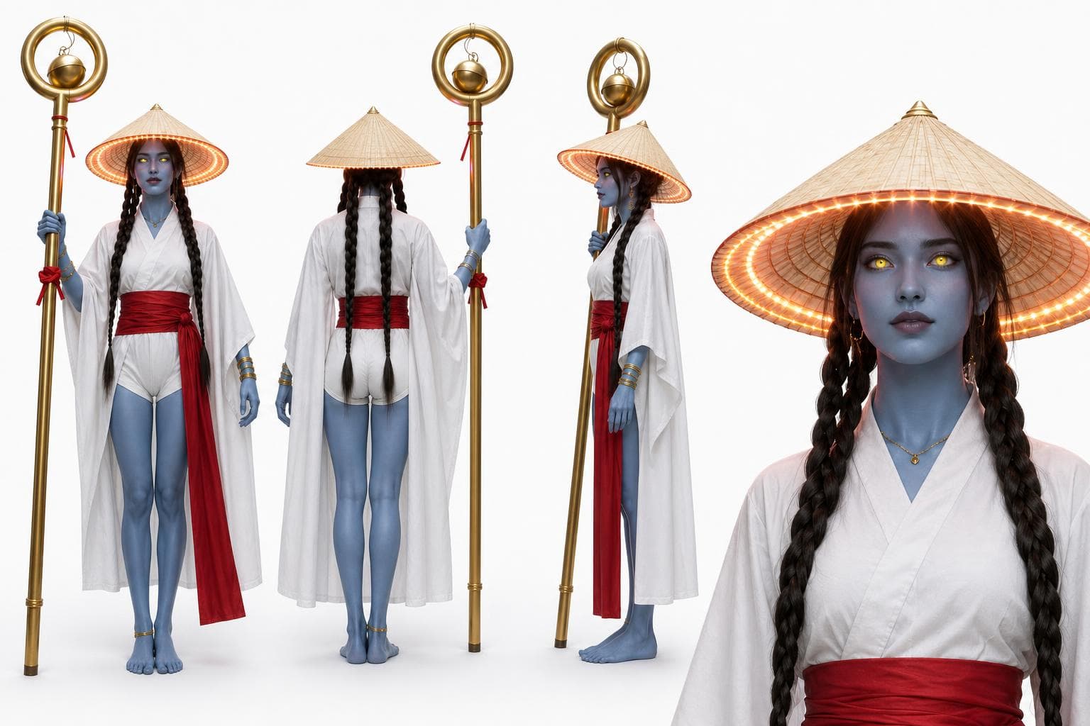 AI generated: Character sheet, front, back, and profile. Photorealistic, on a white background.also put the close-...