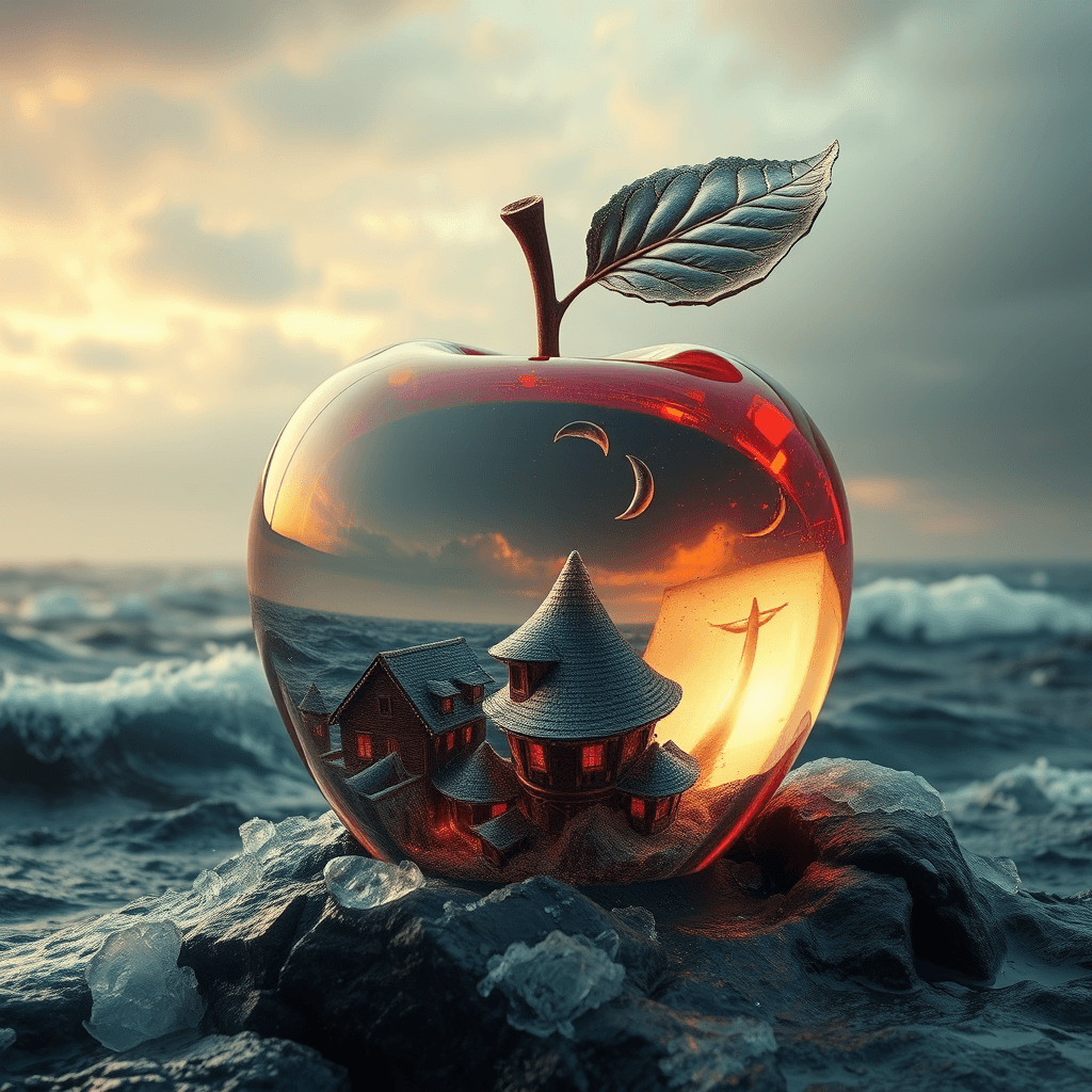 AI generated: High quality lovely double exposure image by blending together a stormy sea and a glass apple
