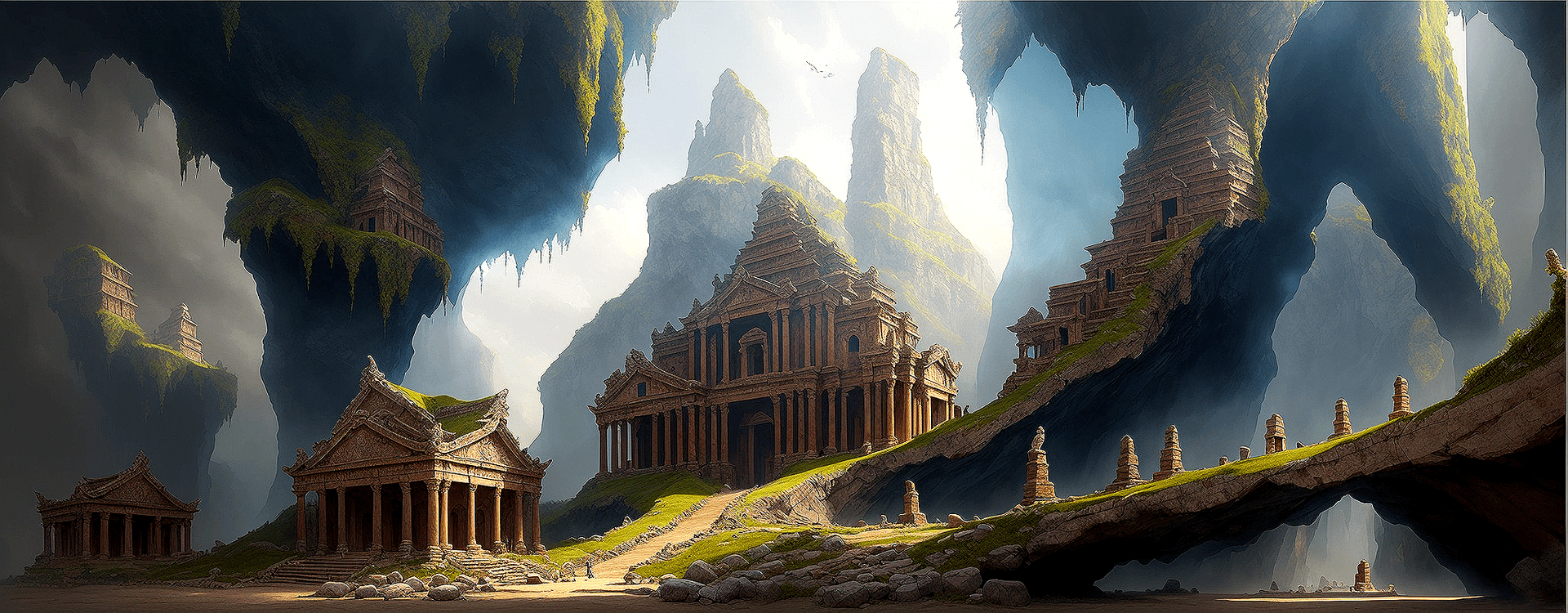 AI generated: giant cave with an ancient temple in the background, matte painting concept art, detailed matte pain...