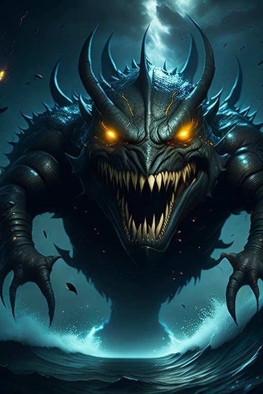 AI generated: two massive scale monsters, epic battle, powerfull, rage, anger, deep sea, deepUnderwater background...