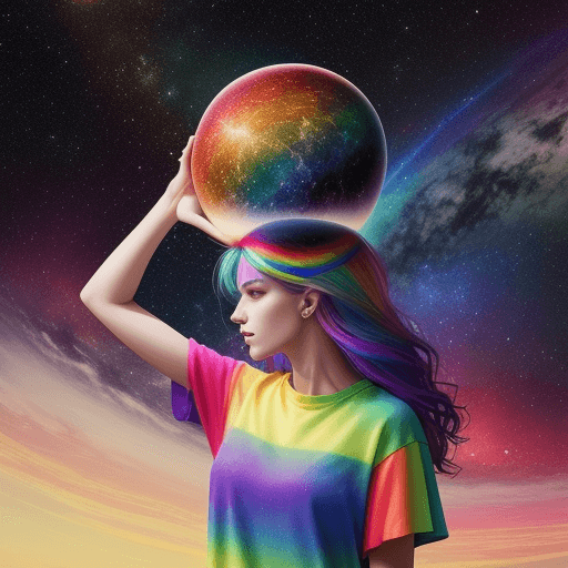 AI generated: A woman wearing rainbow-colored clothes and holding the universe on her head