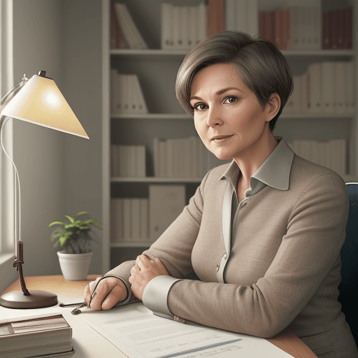 AI generated: hyper realistic photo, elegant 45-year-old woman sitting at her desk, in her personal office, round ...