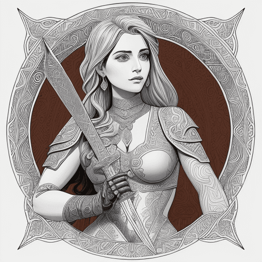 AI generated: an artistic coloring page of a woman with a sword, in the style of david mann, dau al set, , maroon ...