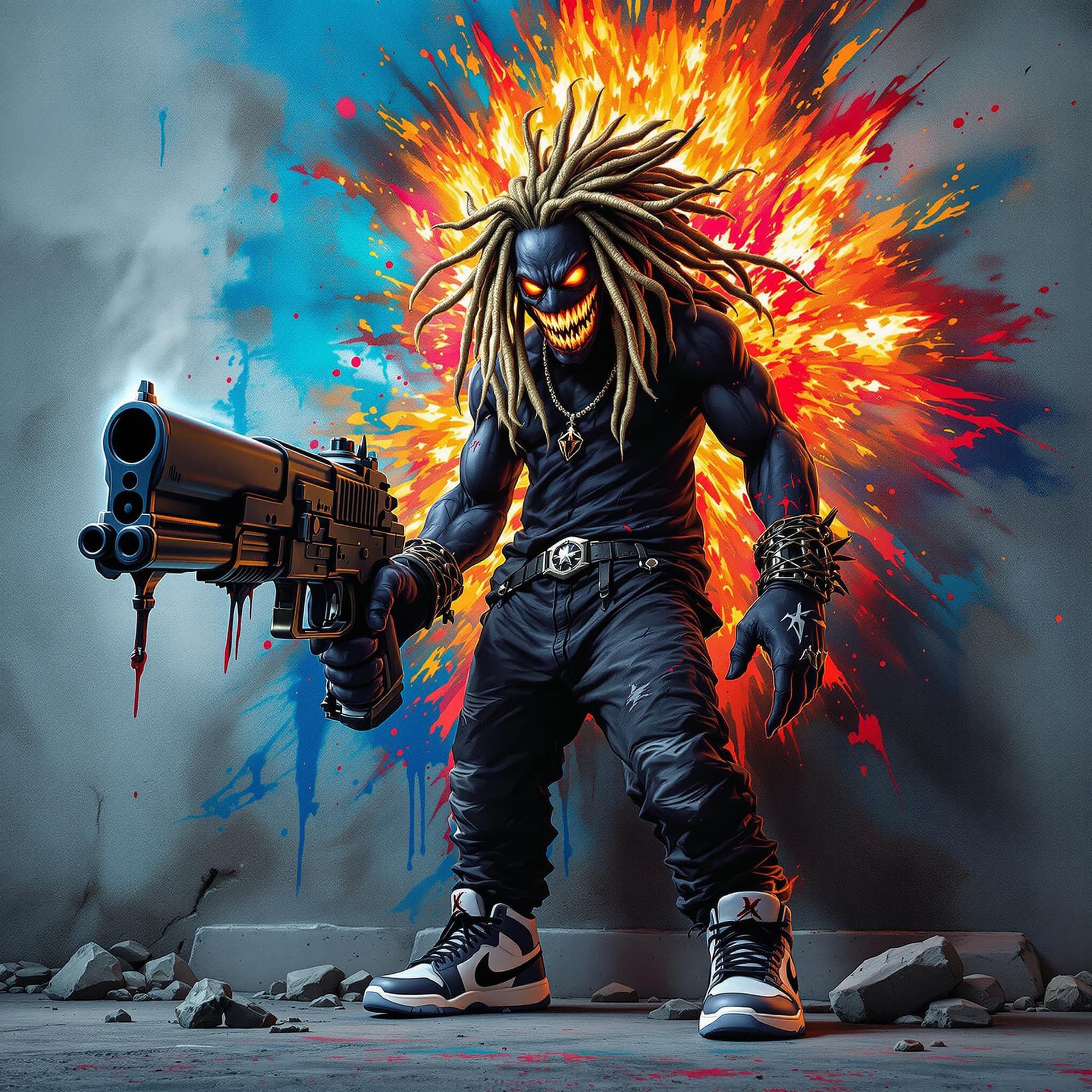 AI generated: front view facing pov of an evil graffiti anime style character with really dark coal black skin and...