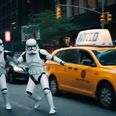 AI generated video: Two Stormtroopers, full white armor and helmets, run desperately but humorously after a yellow taxi ...