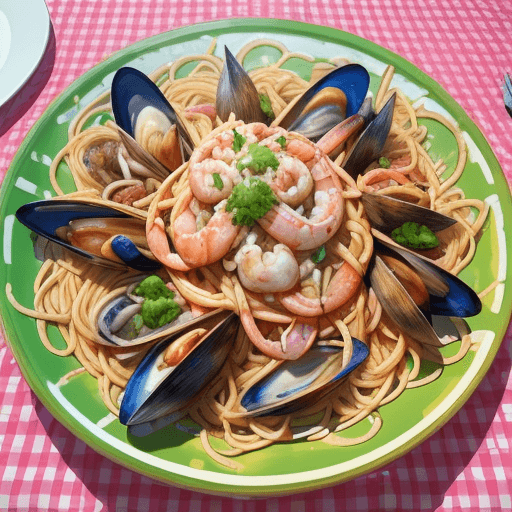 AI generated: A mouthwatering seafood spaghetti masterpiece. The spaghetti is shiny pink the pasta is pink, elegan...