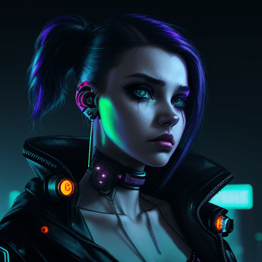 AI generated: girl facing front wearing cyberpunk outfit, bulky high tech earring, looking at viewer, dramatic lig...
