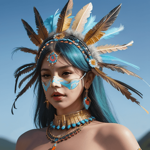 AI generated: beauty woman wearing with flower headdress with turquoise feathers, gold and amber, mosaic-inspired ...