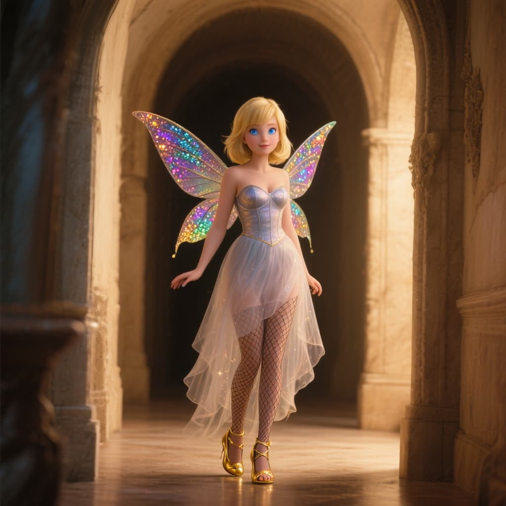 AI generated: Tinkerbell standing in an arched hallway.  Blonde hair, blue eyes, hair shoulder length.  Diaphanous...