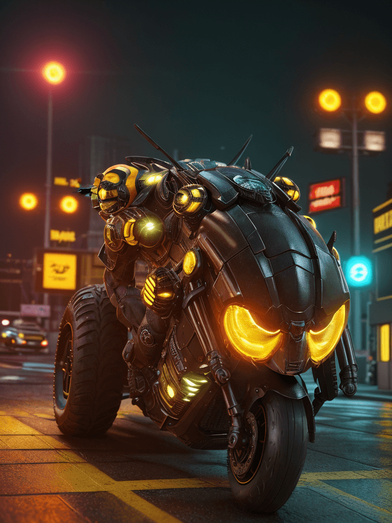 AI generated:  bumblebee , bright lights, night time, battered, medium angle, 8k, hyper realistic, focused, extrem...