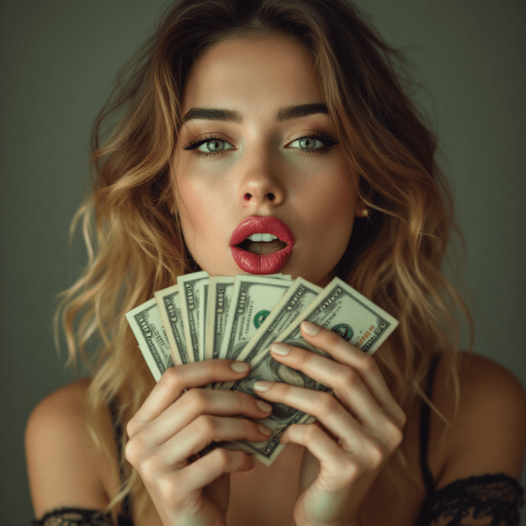 AI generated: sexy woman lick money in her hand