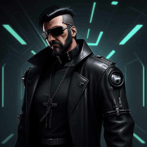 AI generated: cyberpunk priest with cyberware and aviator sunglasses. wear leather coat. short black hair and shor...
