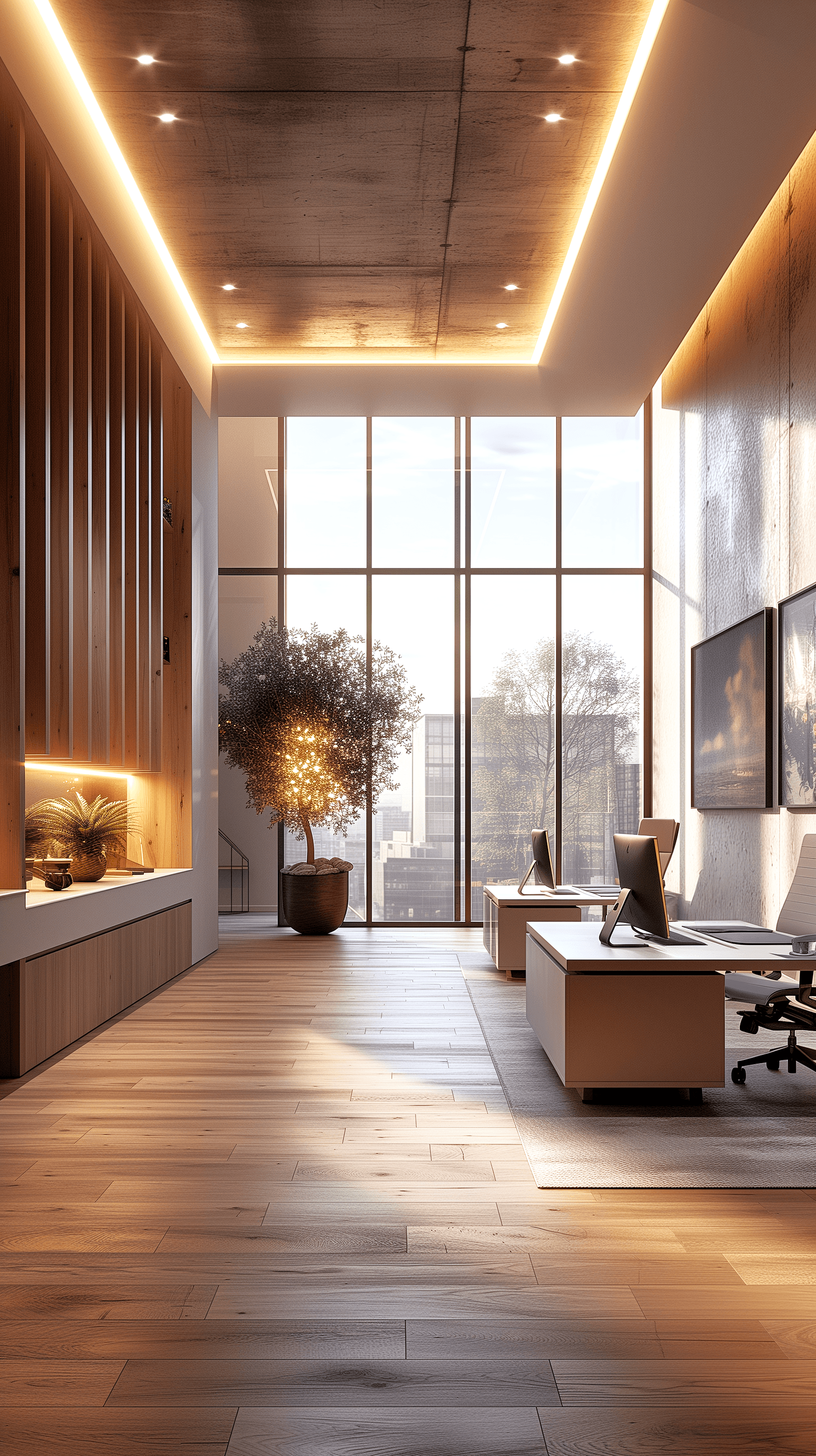 AI generated: photorealistic, perspective view, minimalist co-working space, bright finished and embient, elaborat...