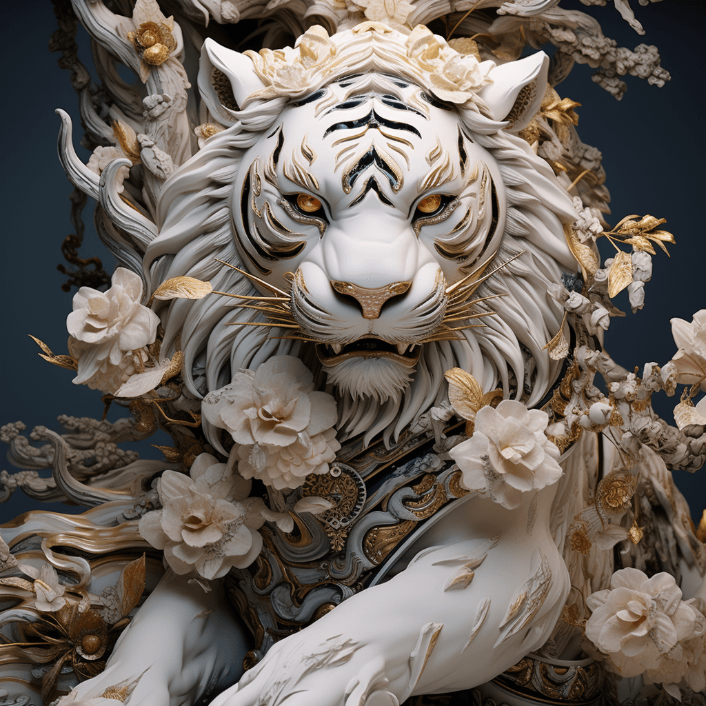 AI generated: pretty and coquettish, Tradition Chinese Ink Painting, tiger, low angle view, octane render, sculptu...
