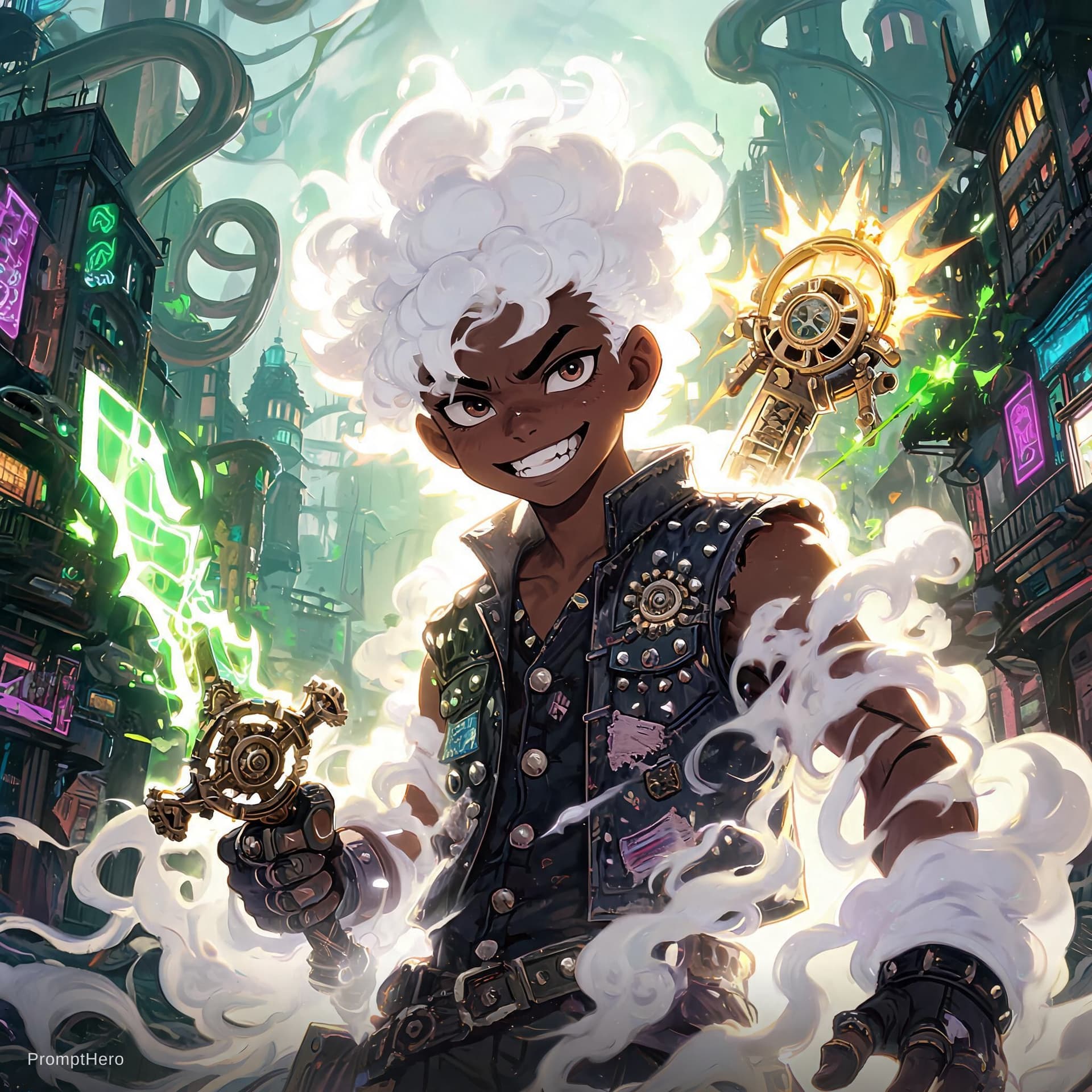 AI generated: Concept: A fusion of Ekko (LoL) and Sun God Nika (Gear 5). An ethereal youth with glowing white clou...