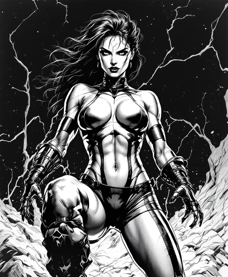 AI generated: female in 90s Top Cow comic style, dynamic pose, inked line art, comic book illustration, detailed s...
