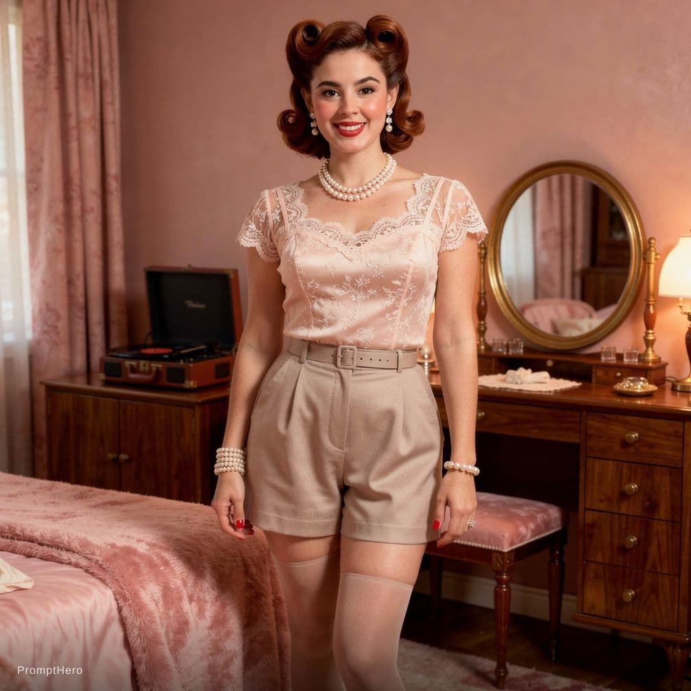 AI generated: A striking goddess with glossy chestnut hair styled in soft victory rolls and a curvy hourglass figu...