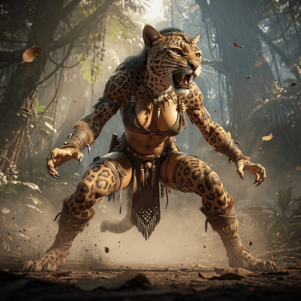 AI generated: Hyper-realistic cinematic 3D render of a feral leopard-woman in an aggressive combat stance, legs sp...