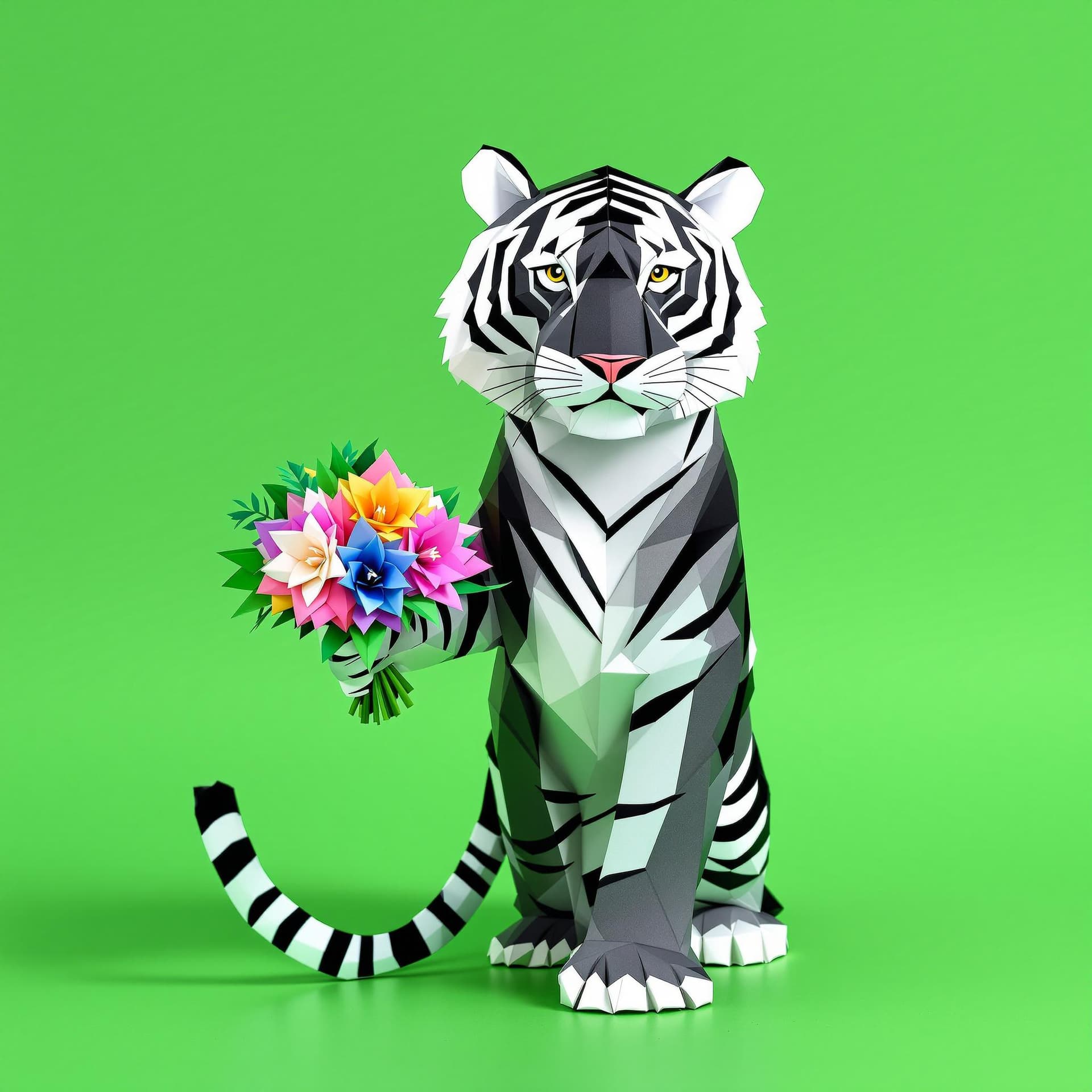 AI generated: A black and white origami-style tiger with visible paper folds, standing on a pure green background ...
