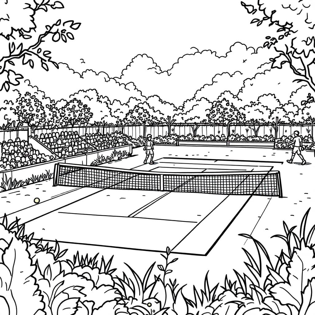 AI generated: Create a high-resolution black-and-white line drawing of a tennis court. Include detailed elements s...