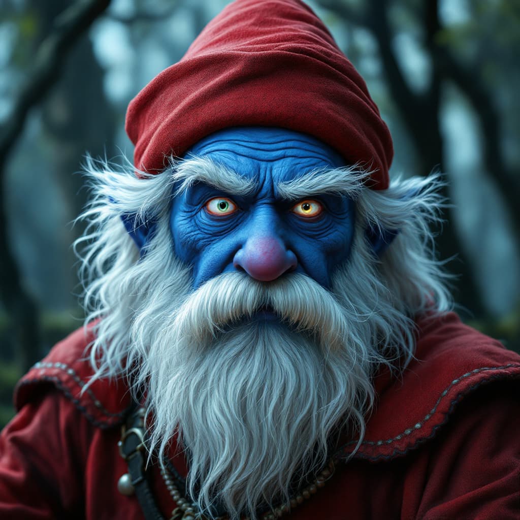 AI generated: "A hyper-realistic, highly detailed old Smurf-like man with blue skin and a wise, charismatic presen...