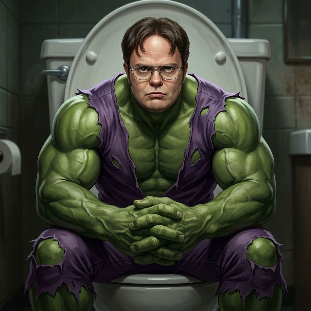 AI generated: Dwight Schrute as Hulk, Hulk costume, Dwight Schrute hairstyle, Hulk body type, Dwight Schrute Face,...