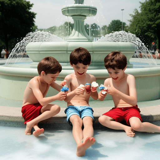 AI generated: boys,playing, ice cream, fountain, more boys, happy, playing with water, fresh, summer, 

