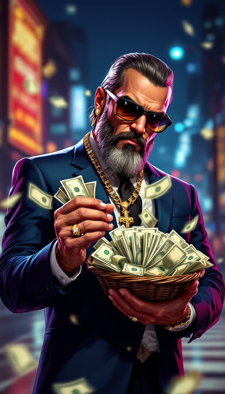 AI generated: businessperson  holding a bunch of money, gta art, style of gta v artworks, paid artwork,  high qual...