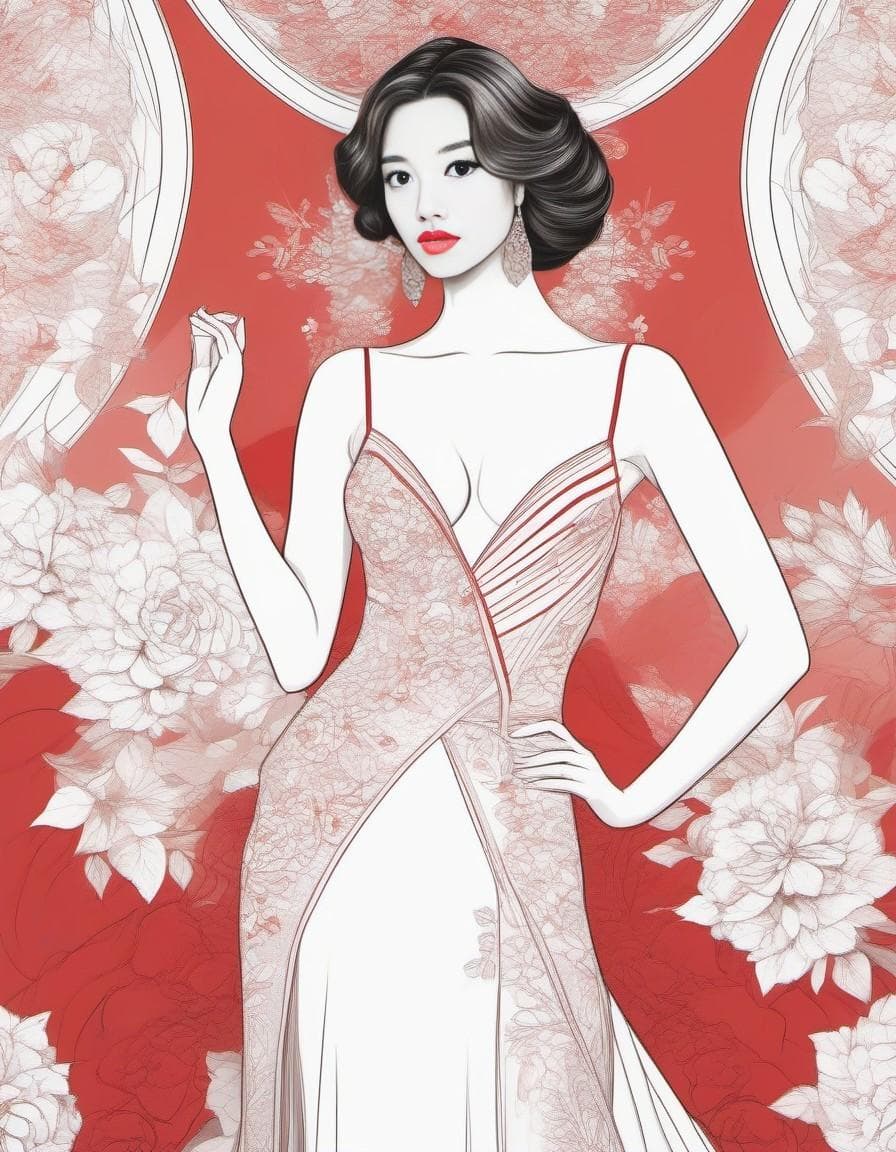 AI generated: FashionShow - ColoringBook style. Award winning fashion illustration of a stunning woman in a red dr...