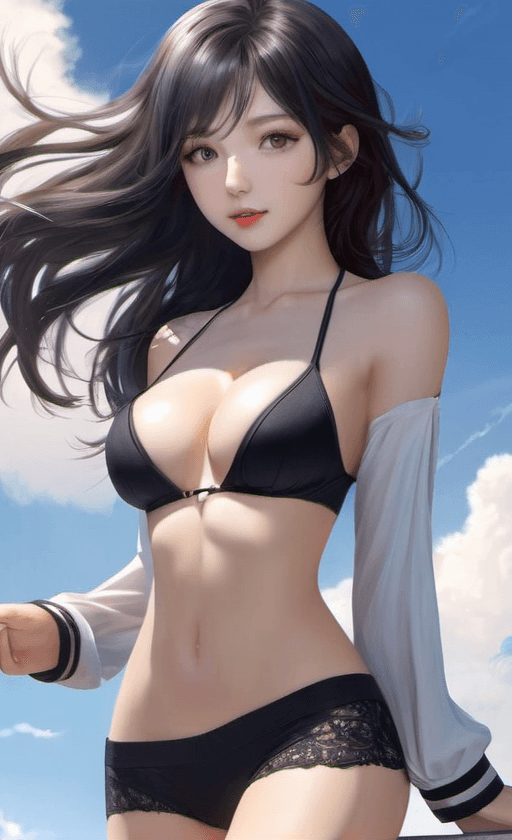 AI generated: girl, full body,magician, blue sky, white cloud, symmetrical eyes, (beautifully detailed body, face,...