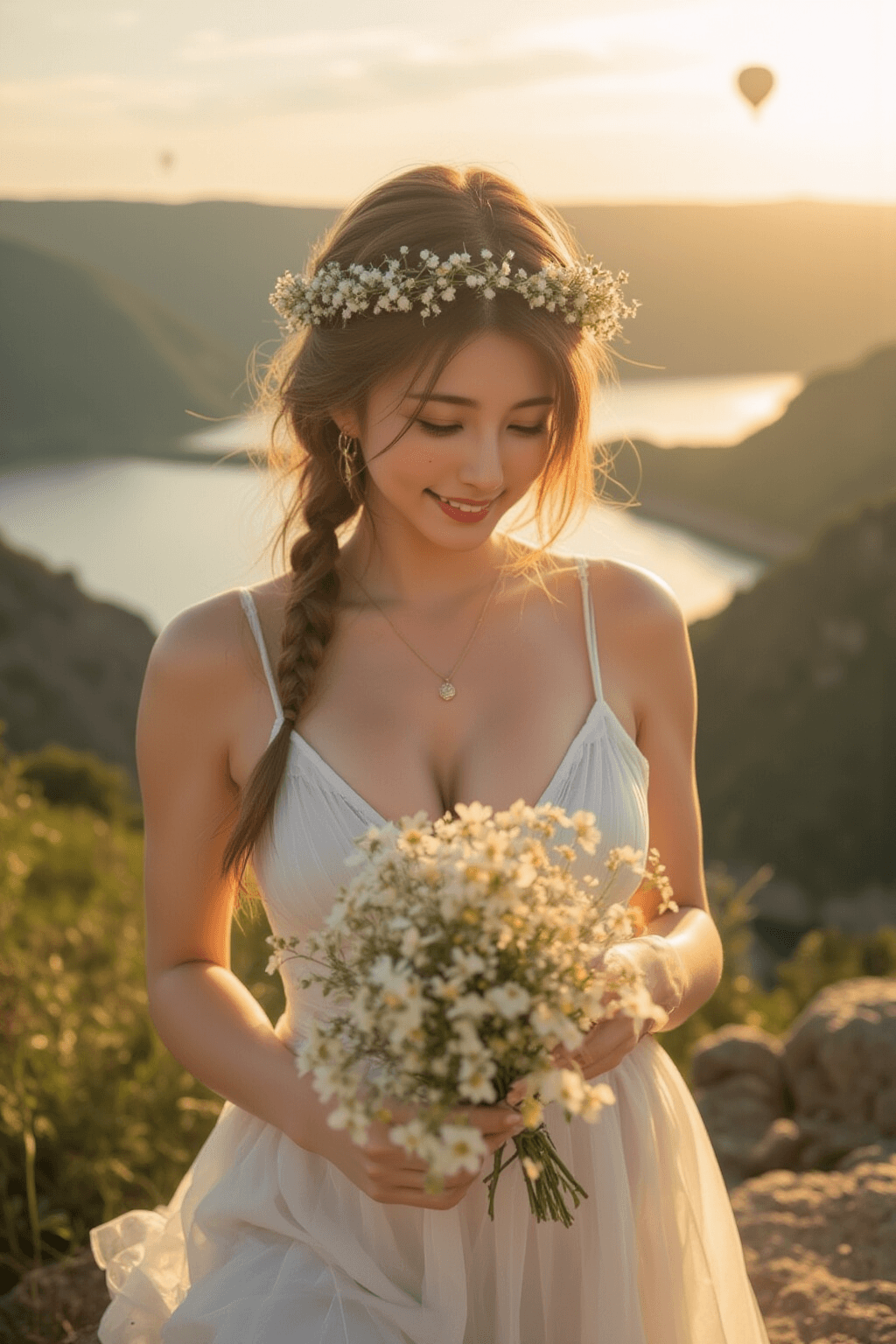 AI generated: ultra-realistic, breathtaking upper-body portrait of an ethereal korean woman with hair styled in lo...