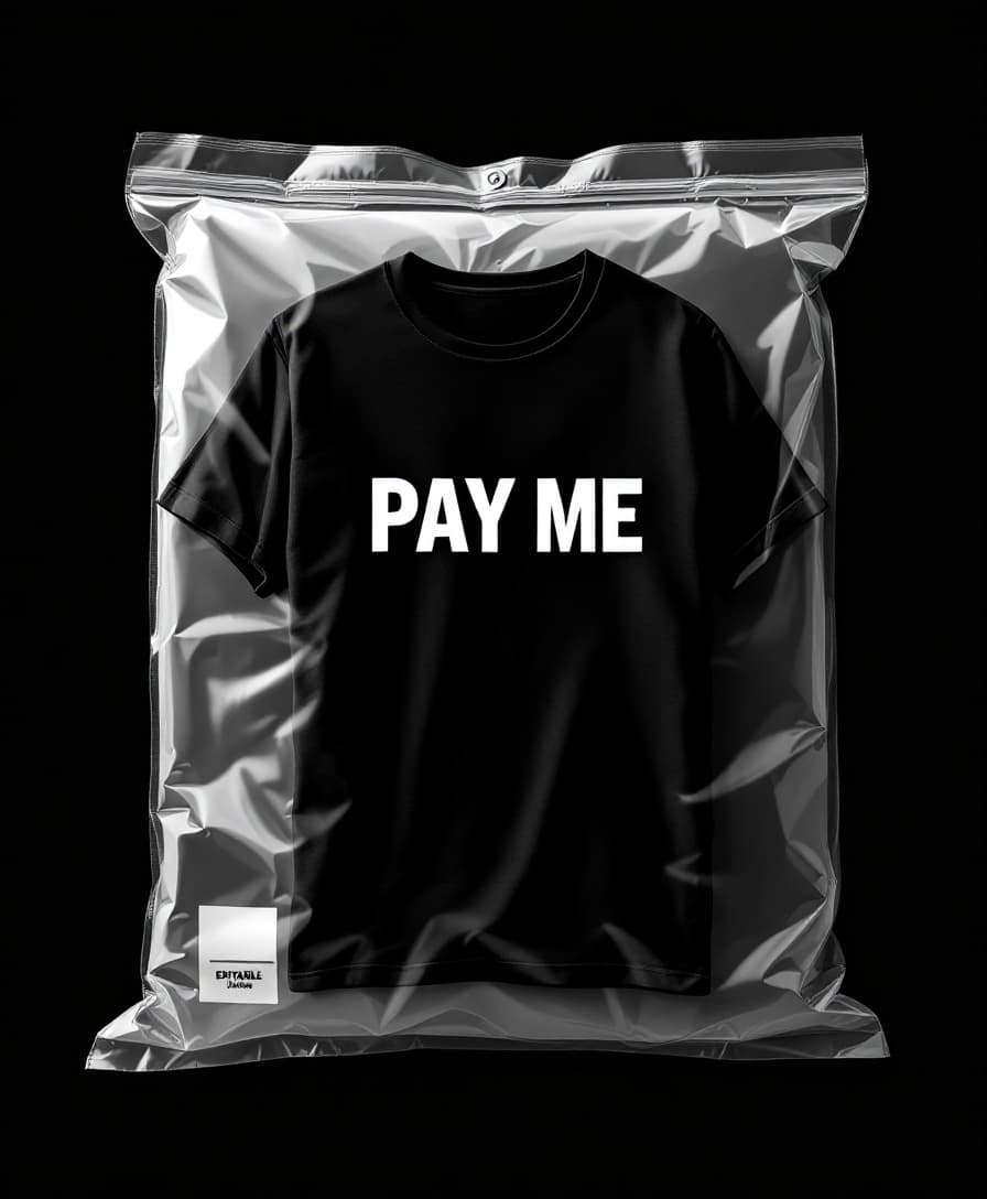 AI generated: A mockup of a parcel delivery bag featuring a folded black t-shirt with a print in the middle promin...