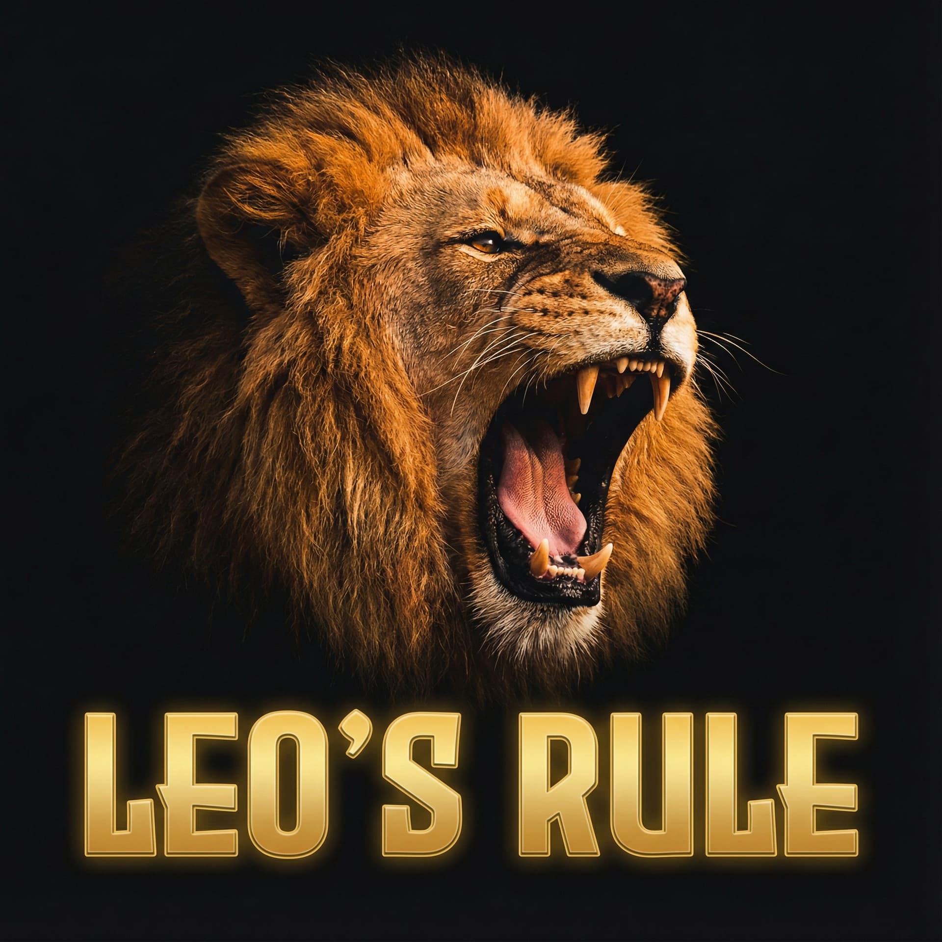 AI generated: a clear roaring lion on a black background, with the text 'LEO'S RULE'.