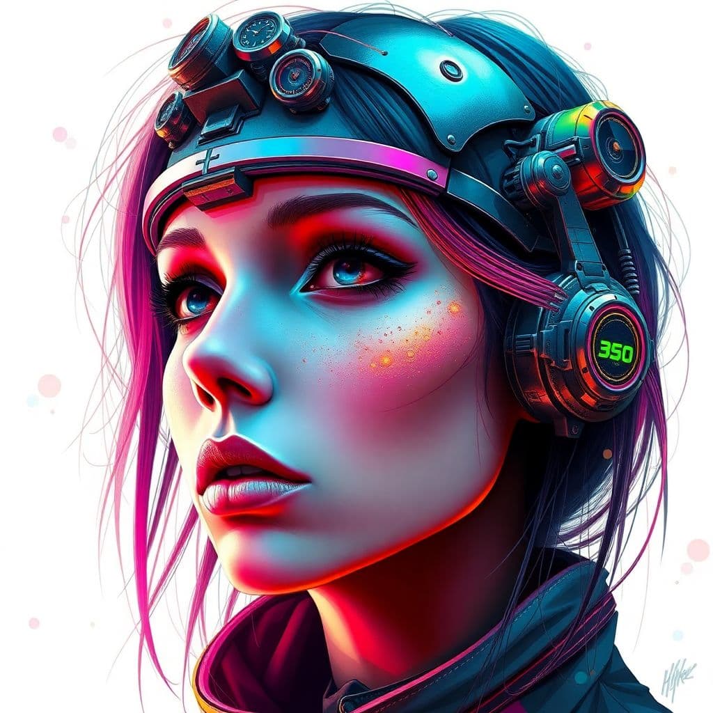AI generated: female with a futuristic-looking face, in the style of fantastical contraptions, algorithmic artistr...