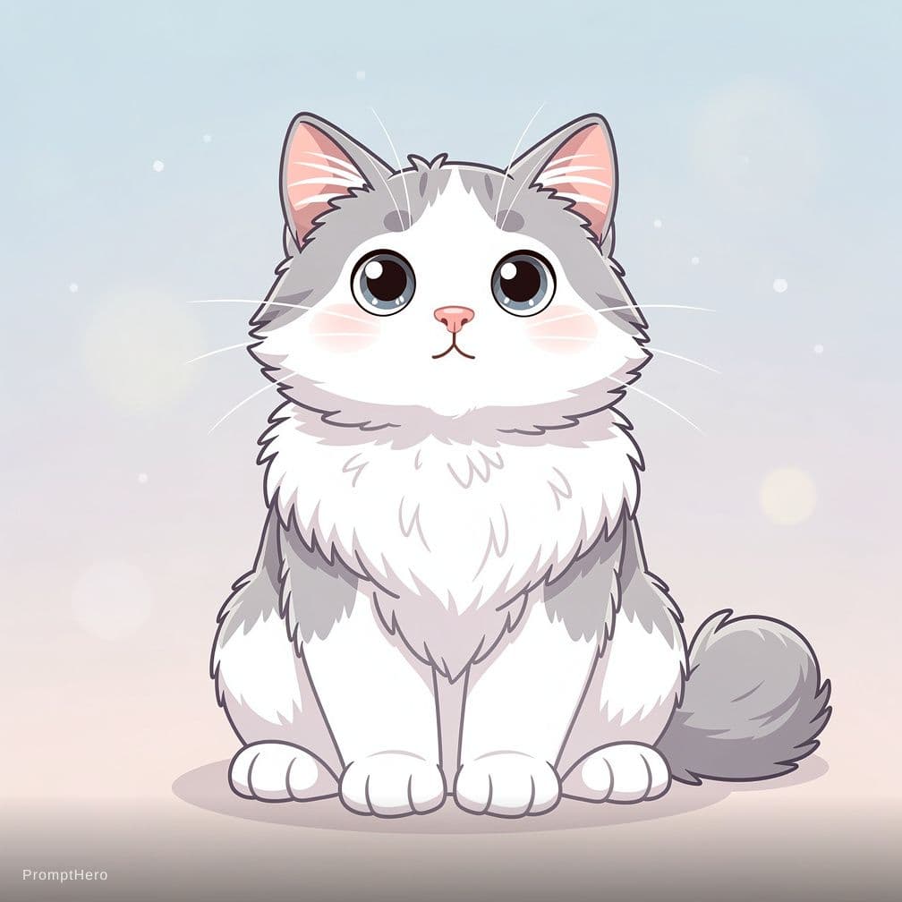 AI generated: white and gray cat, soft fluffy fur like rabbit, digital art, illustration style.