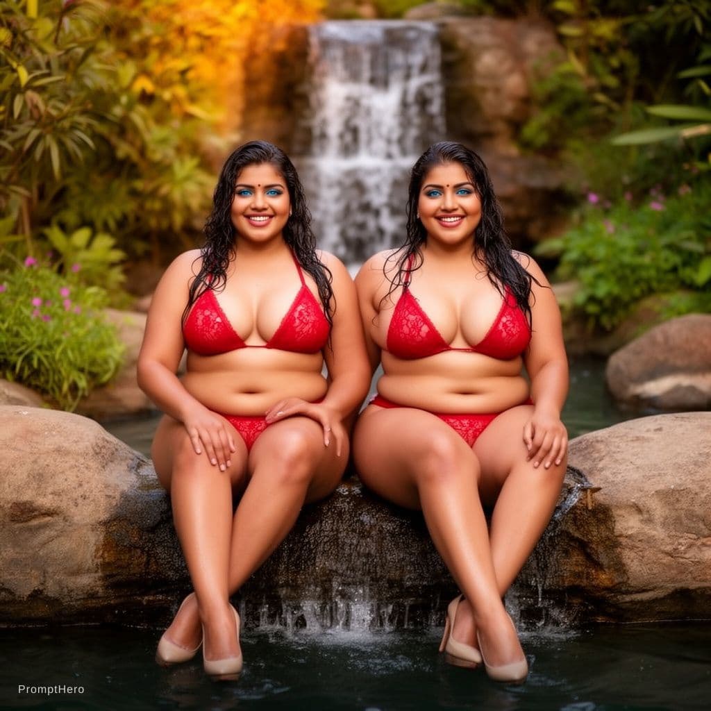 AI generated: two  full body   Indian chubby  very sexy smiley women sitting on rocks showering by a water falls a...