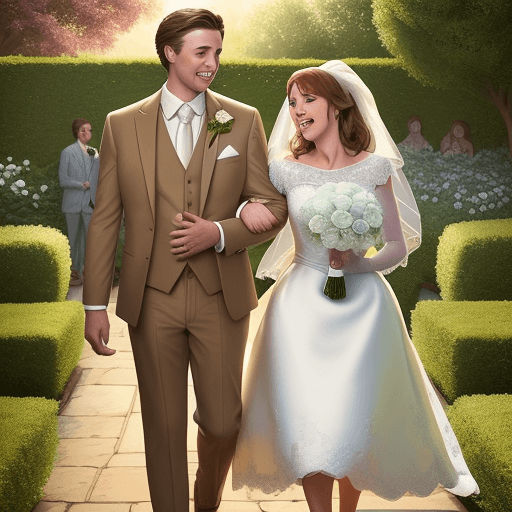 AI generated: 4k Design a Disney-inspired poster for "Joyful Wedding." The groom is dressed in a light brown suit,...