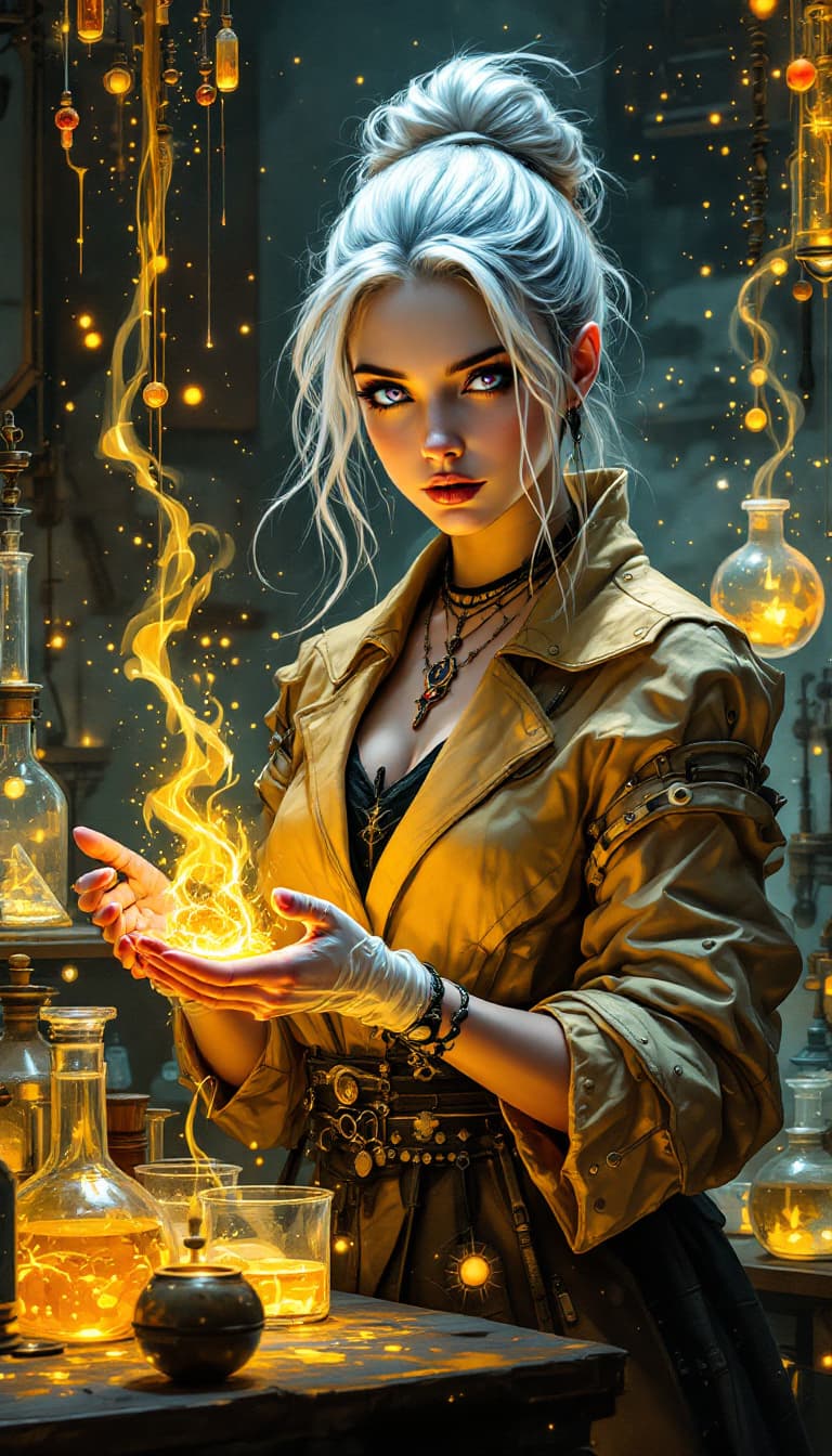 AI generated: "Saffron Alchemist in a Luminous Laboratory": A mesmerizing abstract painting features an alchemist,...