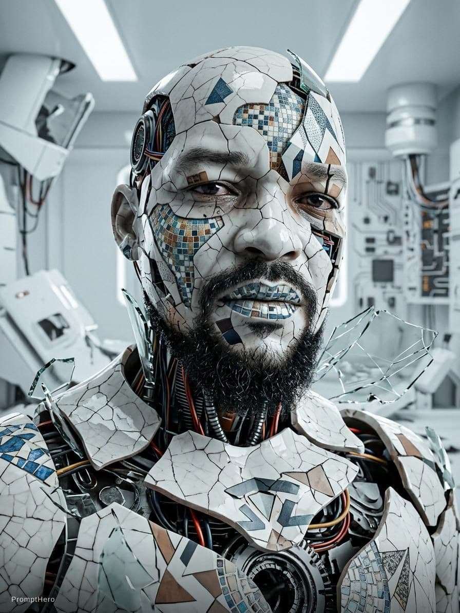 AI generated: Death of a beautiful humanoid male,  close up of a broken android, digital art, cracked porcelain fa...