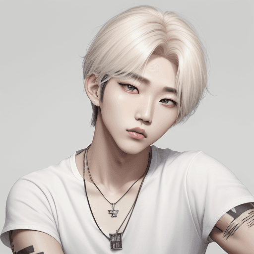 AI generated: kpop idol, beautiful Korean guy , (white t-shirt wolf tattoo on he neck , necklace said Tae  and (je...